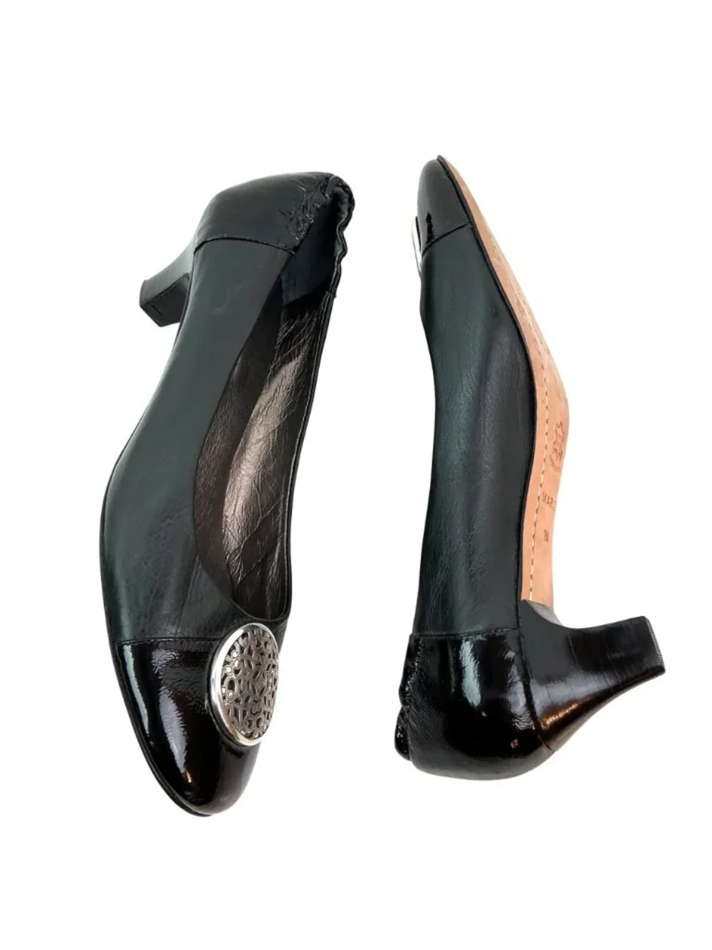 Brighton Marci Medallion Leather Kitten Herl Pumps Womens 9M Black Bench Made In